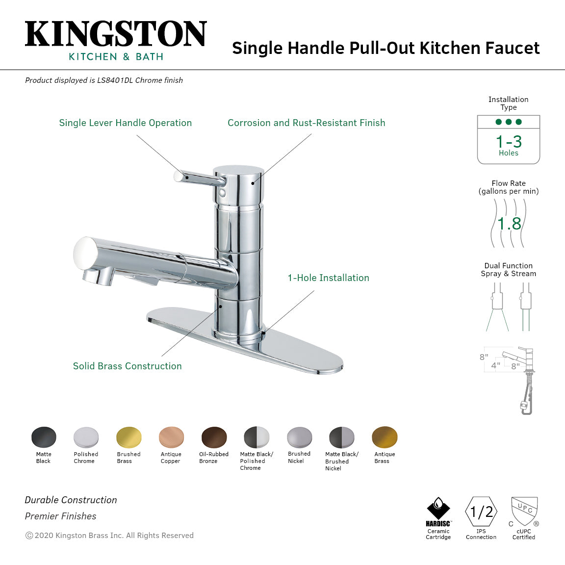 Kingston Sona LS8403DL - Concord Single-Handle 1-Hole Deck Mount Pull-Out Sprayer Kitchen Faucet, Brushed Brass — thumbnail 2